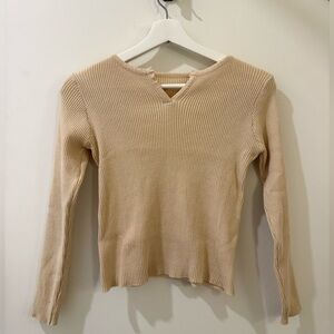 Beige Yellow Ribbed Long Sleeve Top